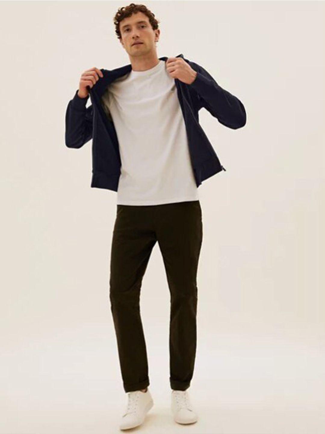 marks & spencer men navy blue solid hooded sweatshirt