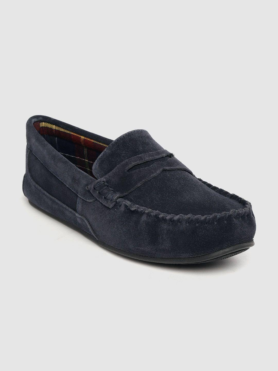 marks & spencer men navy blue solid leather wide penny loafers