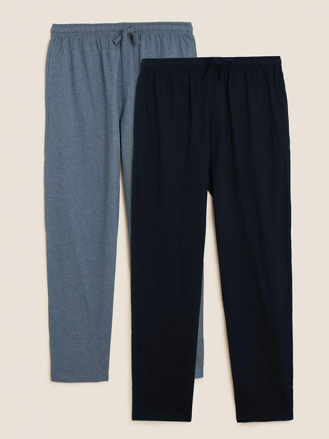 marks & spencer men pack of 2 blue & grey solid cotton lounge pants