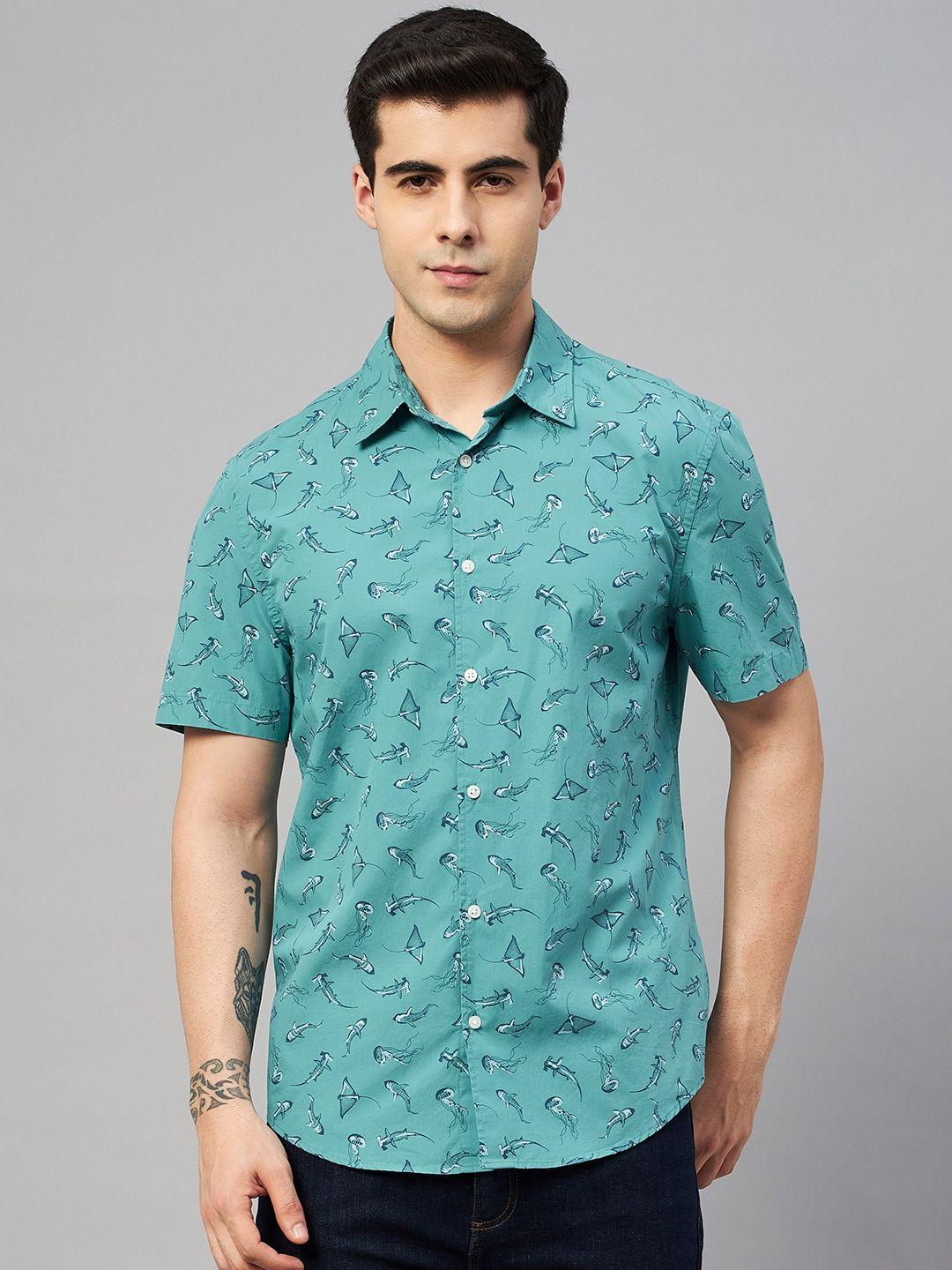 marks & spencer men turquoise blue printed pure cotton tropical casual shirt
