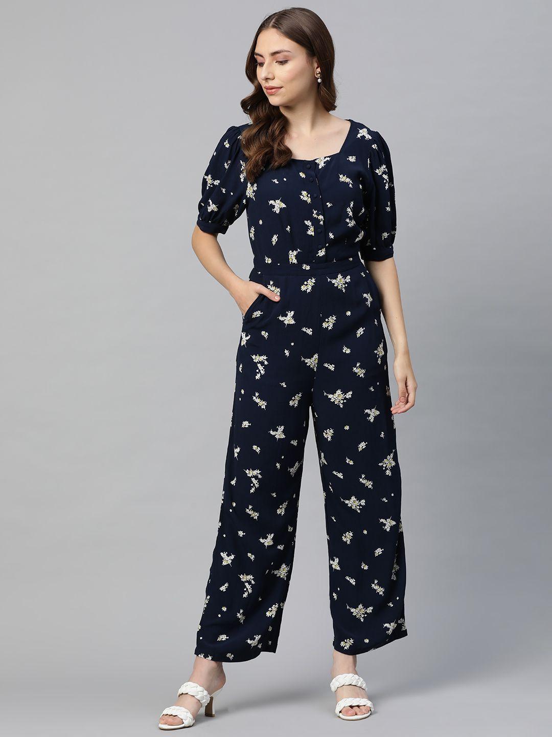 marks & spencer navy blue & white printed basic jumpsuit