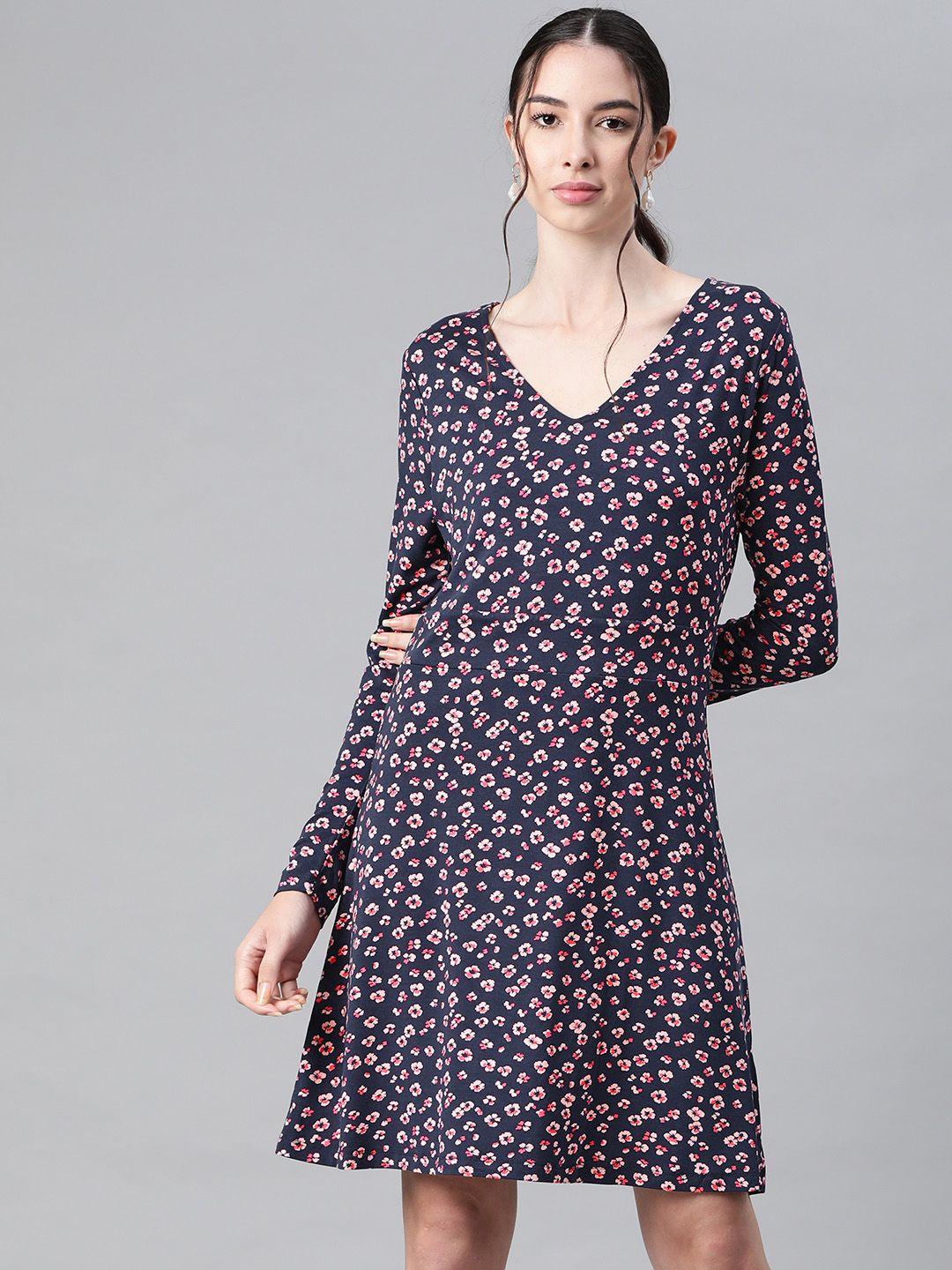 marks & spencer navy blue floral a-line dress