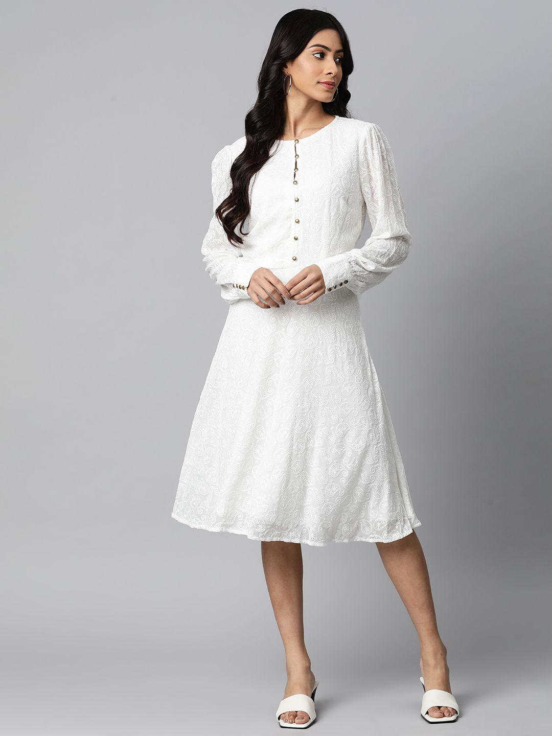 marks & spencer off white ethnic motifs embroidered a-line midi dress