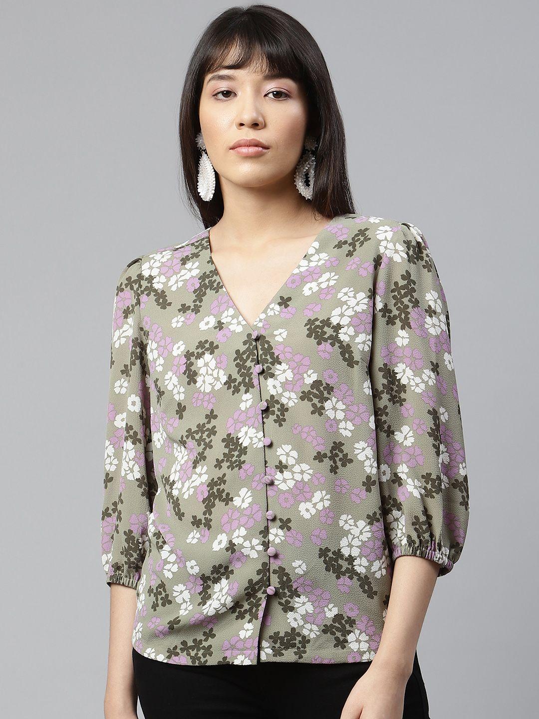 marks & spencer olive green & off white floral print top