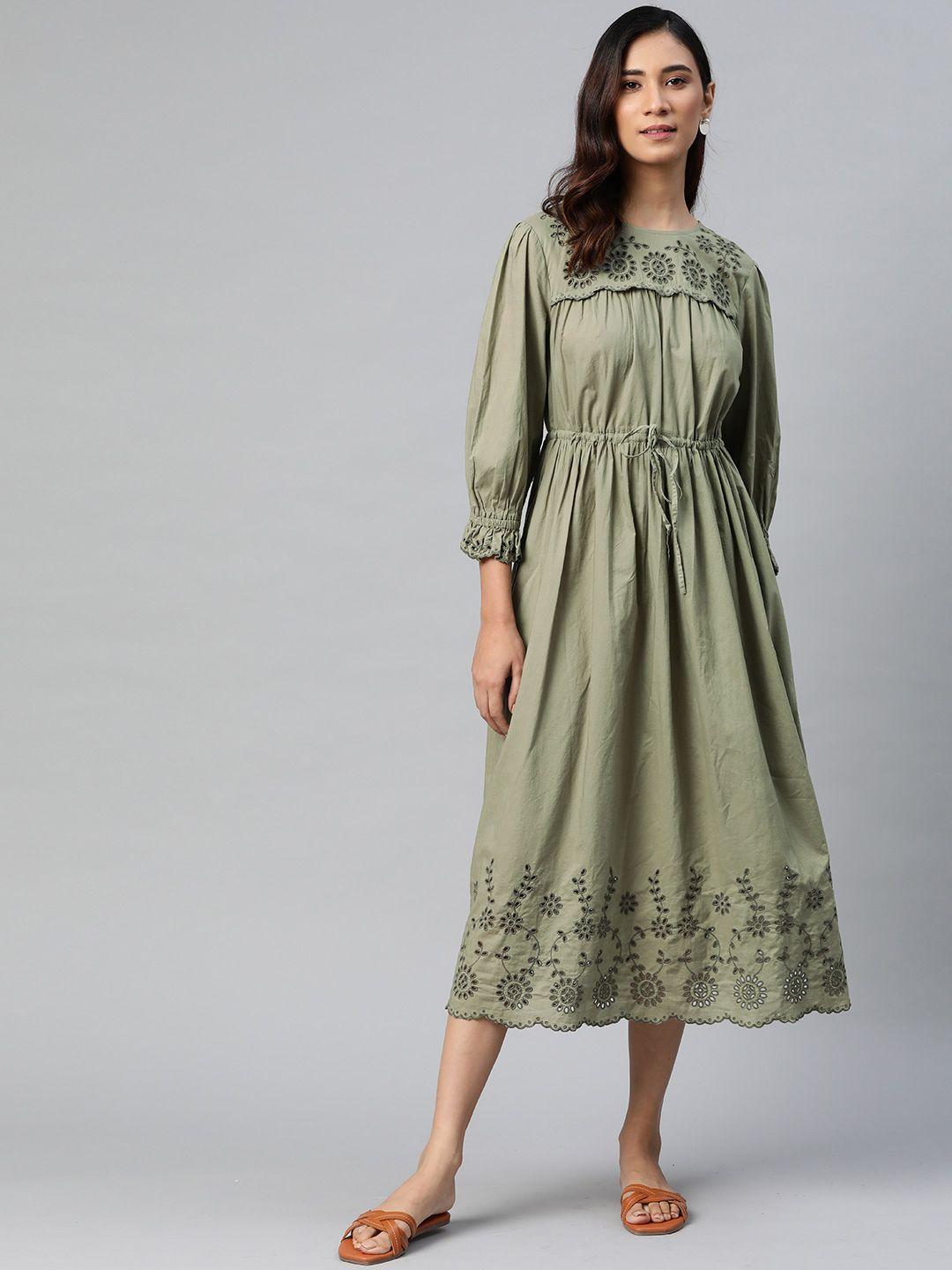 marks & spencer olive green pure cotton schiffli embroidered a-line midi dress