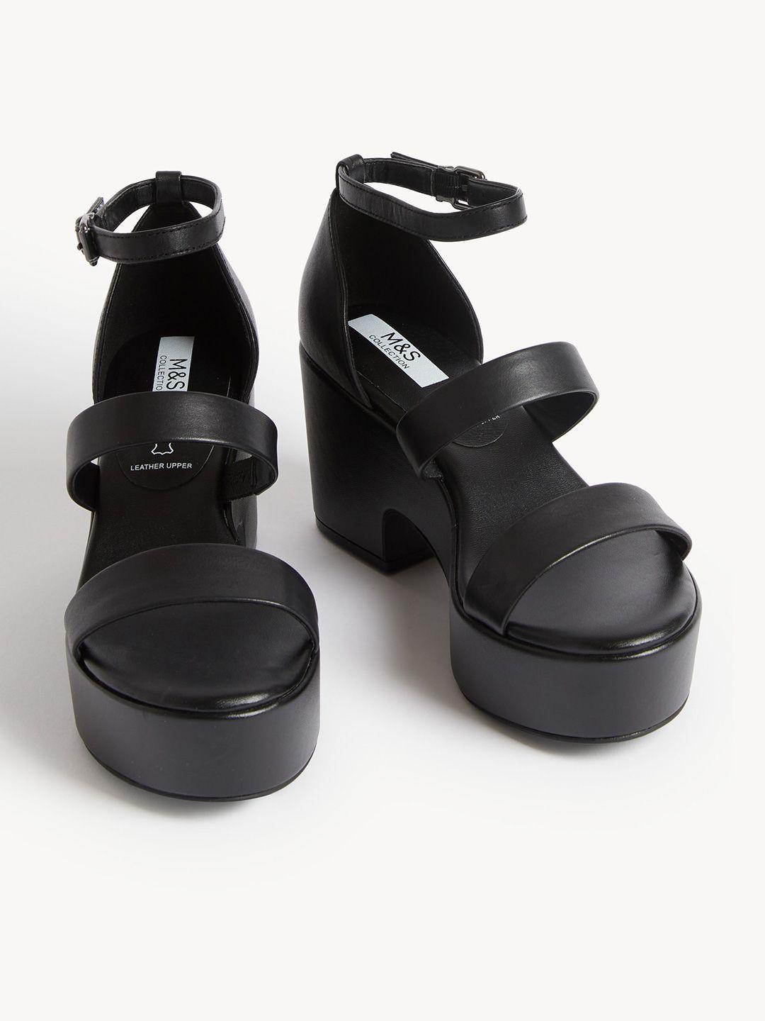 marks & spencer open toe leather block heels with buckles