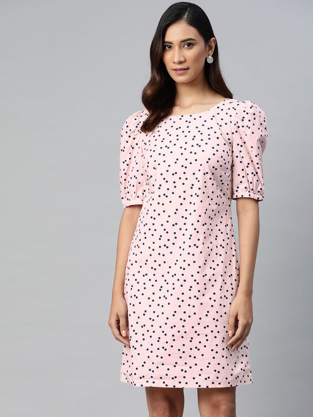 marks & spencer pink & navy blue polka dots print cotton a-line dress