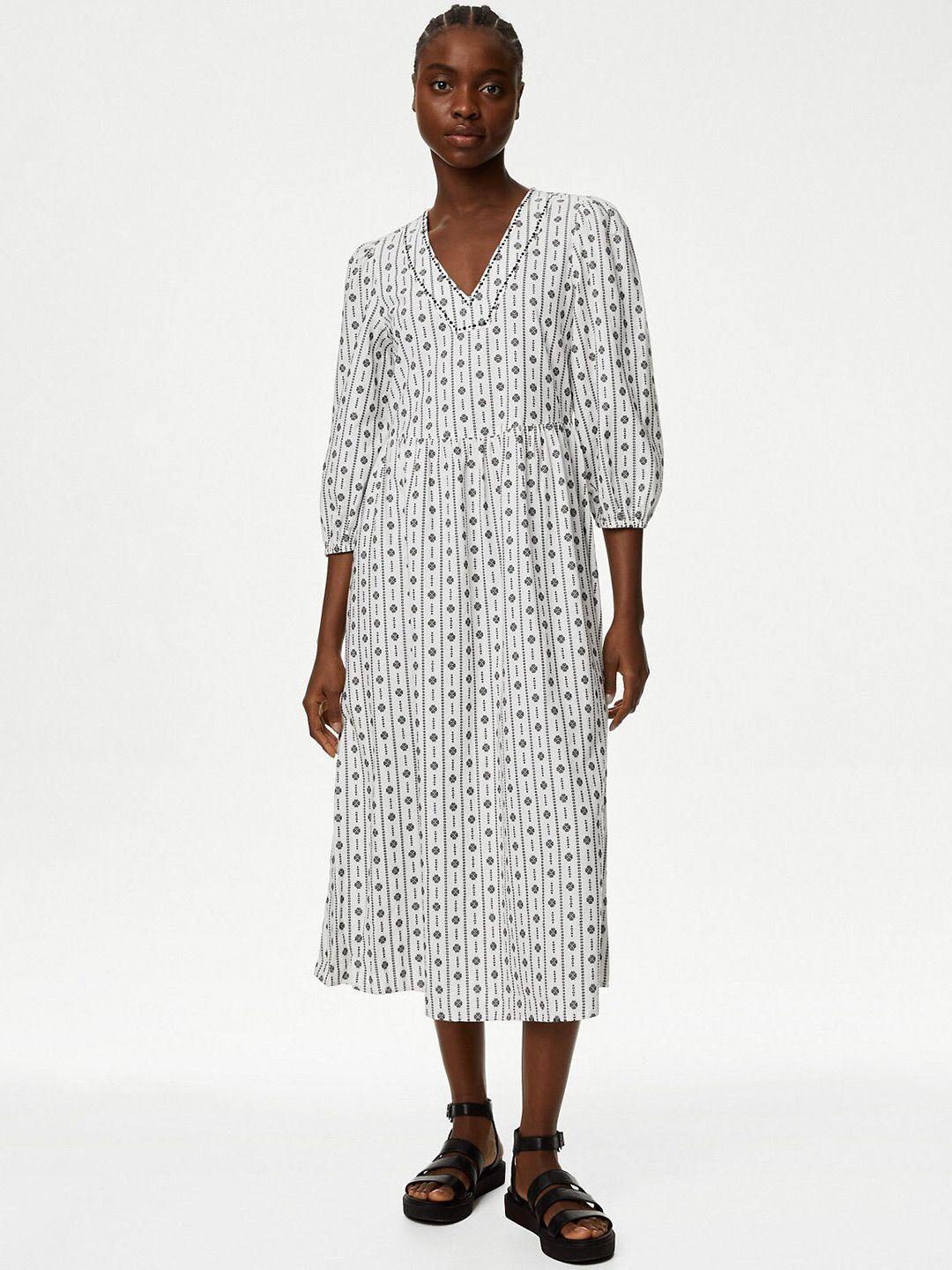 marks & spencer polka dot printed cotton v-neck puff sleeves fit & flare midi dress