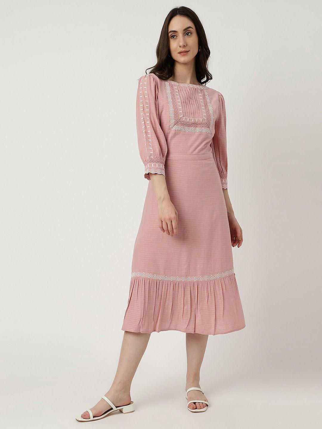 marks & spencer puff sleeve geometric printed a-line midi dress