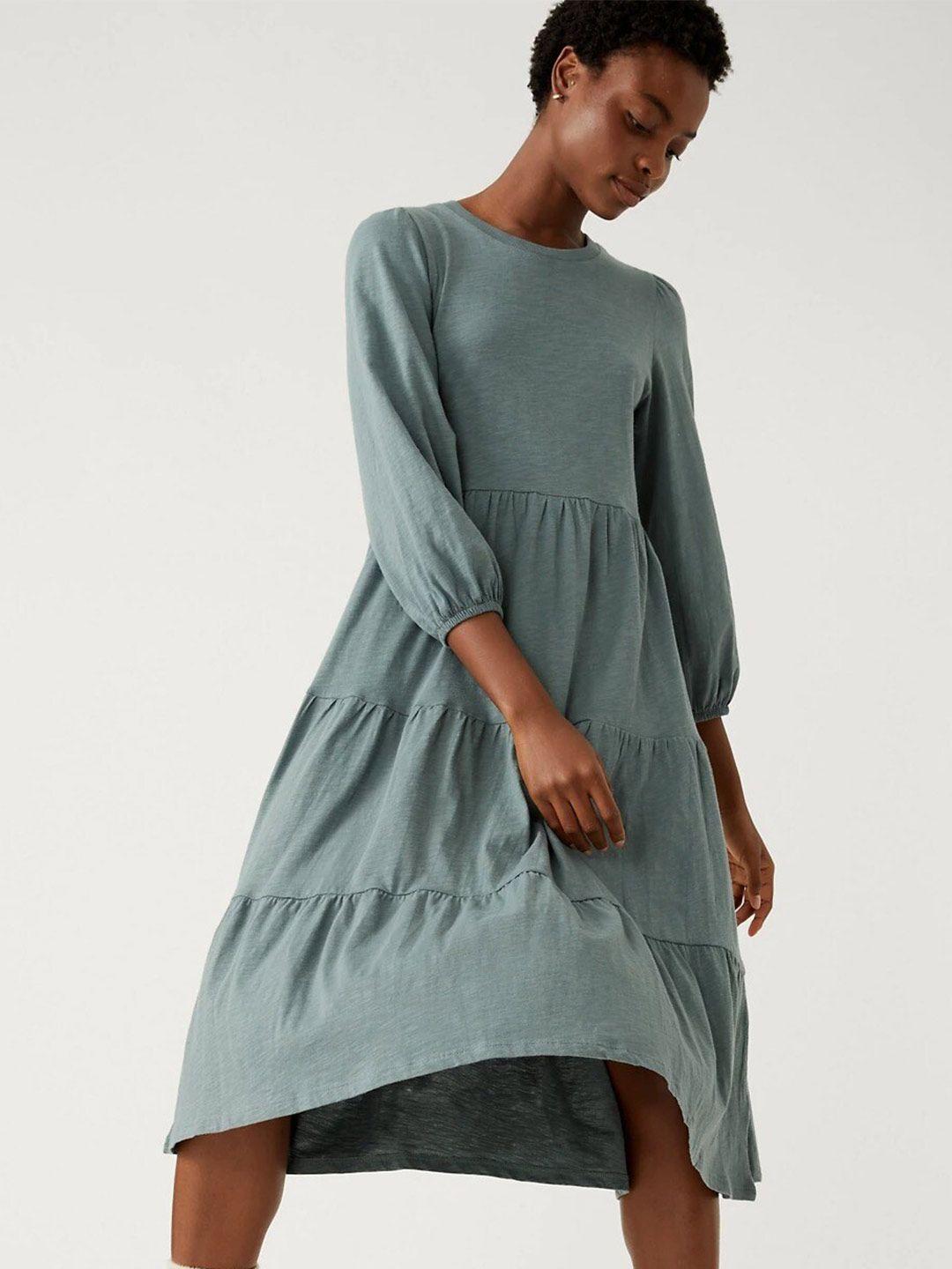 marks & spencer puff sleeves pure cotton fit & flare midi dress