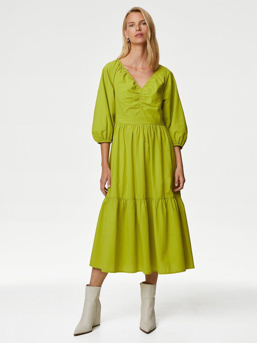 marks & spencer puff sleeves v-neck tiered pure cotton fit & flare midi dress