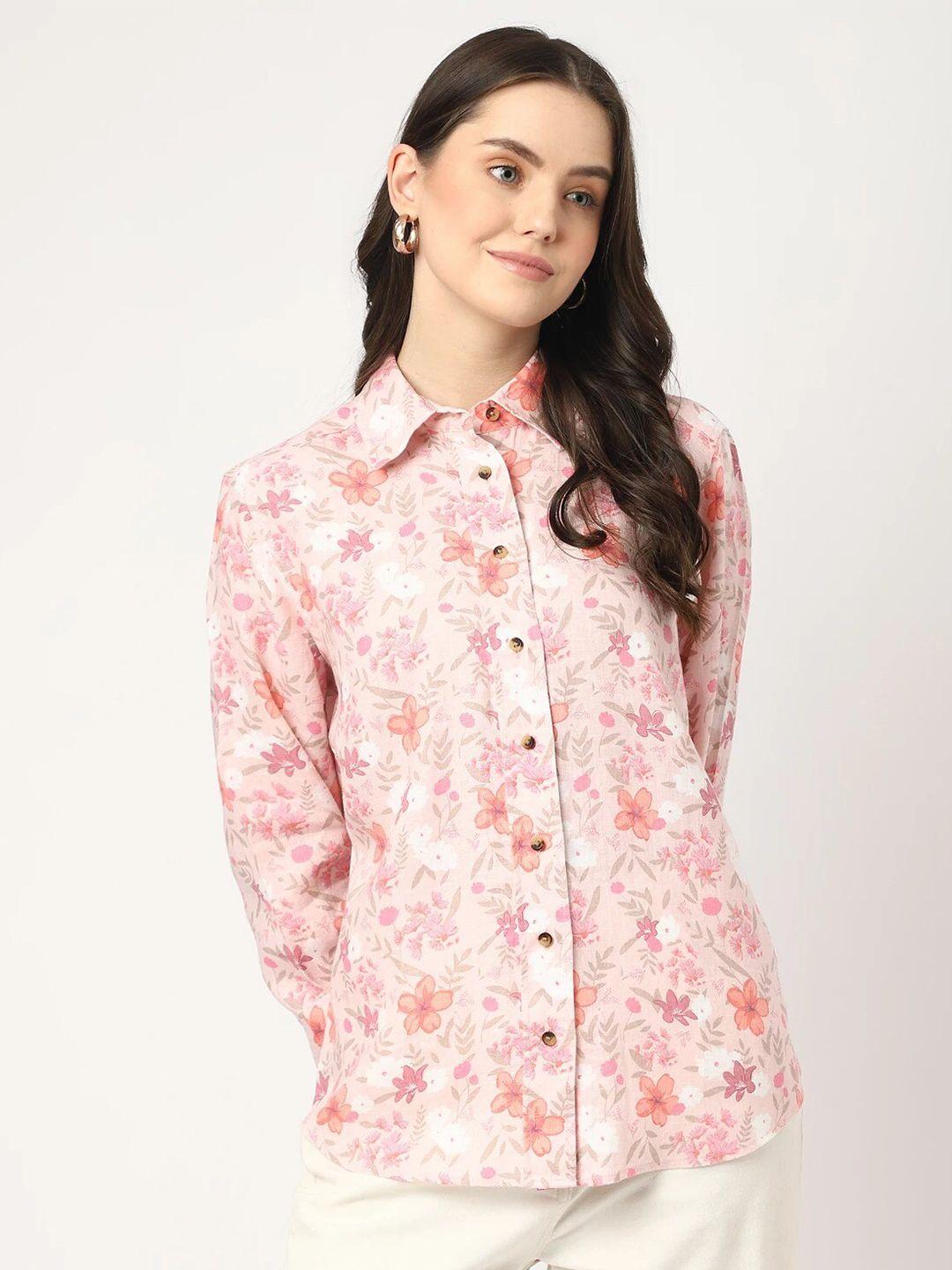 marks & spencer regular fit floral printed spread collar casual linen shirt