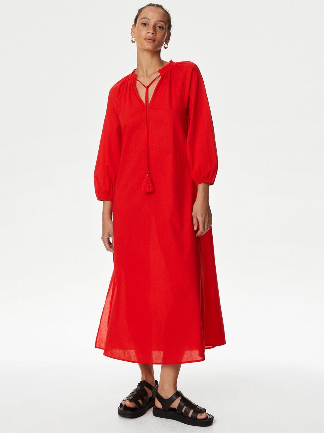 marks & spencer tie-up neck puff sleeves pure cotton a-line dress