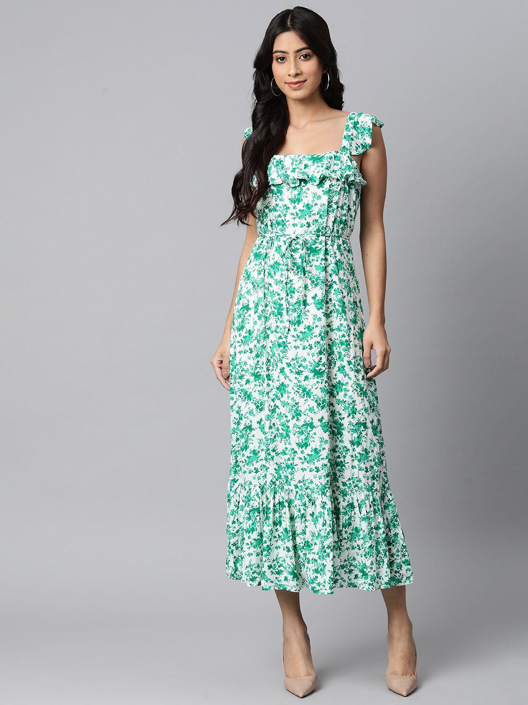 marks & spencer white & green floral printed a-line midi dress