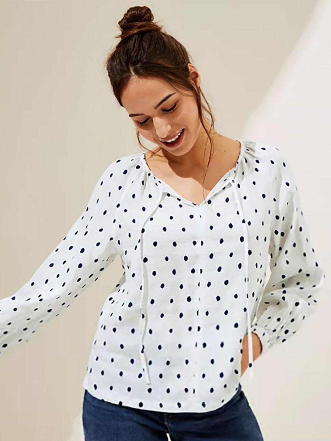 marks & spencer white print tie-up neck linen top