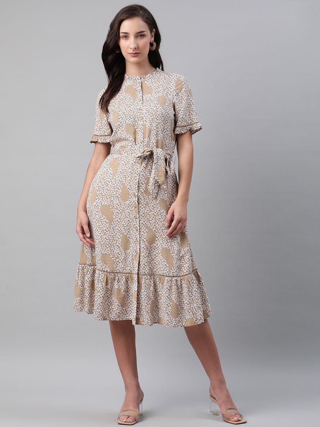 marks & spencer women beige & white linen paisley & ditsy floral printed a-line dress