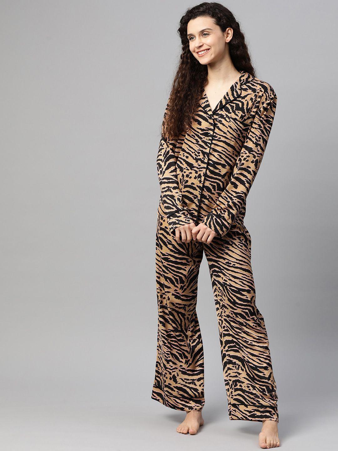 marks & spencer women black & beige animal printed night suit