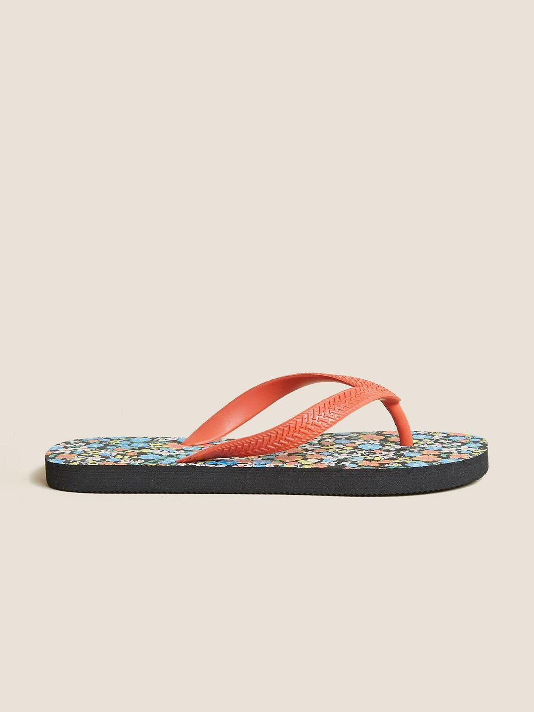 marks & spencer women black & blue printed thong flip-flops