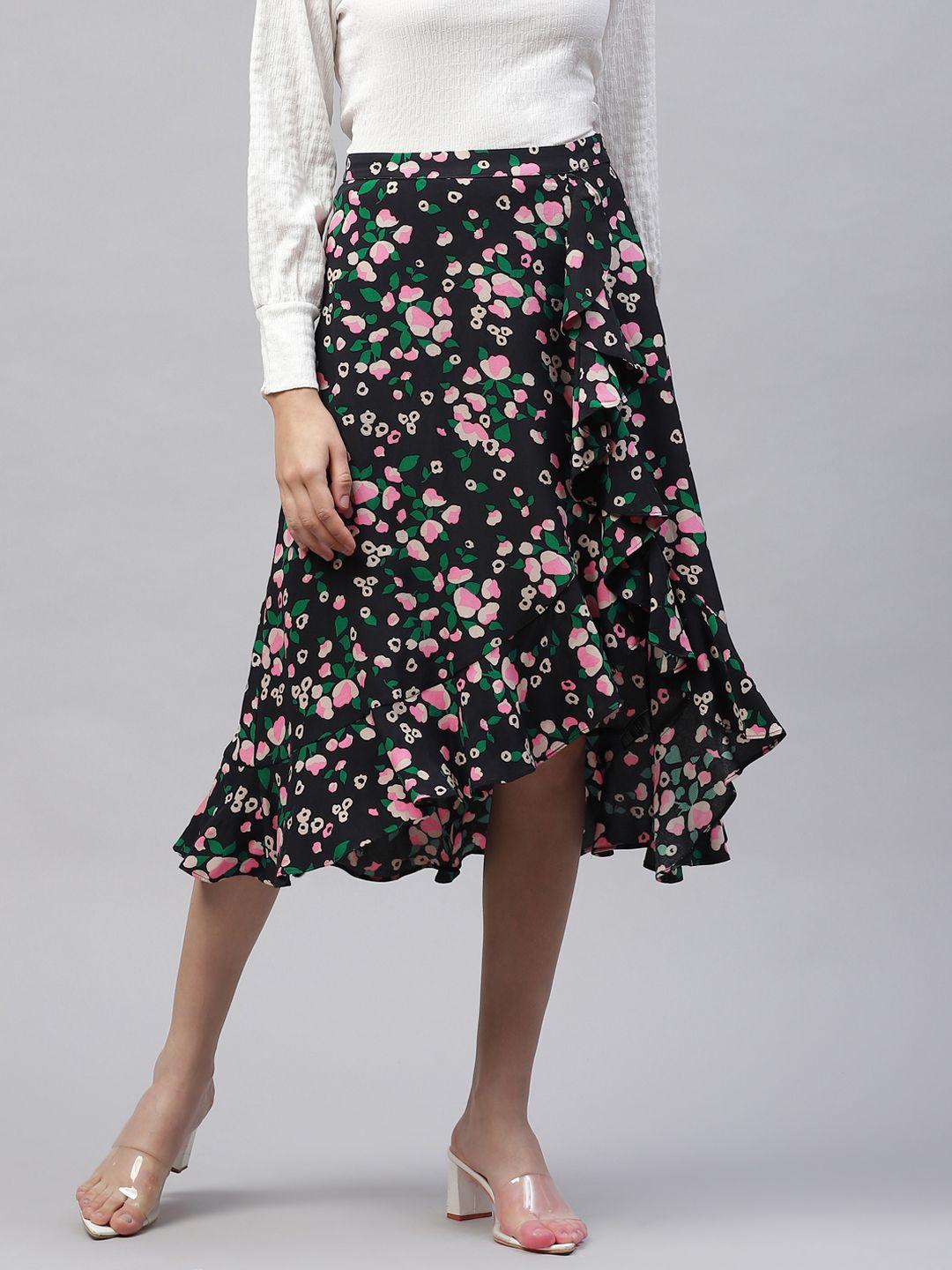 marks & spencer women black & pink floral printed tulip skirt