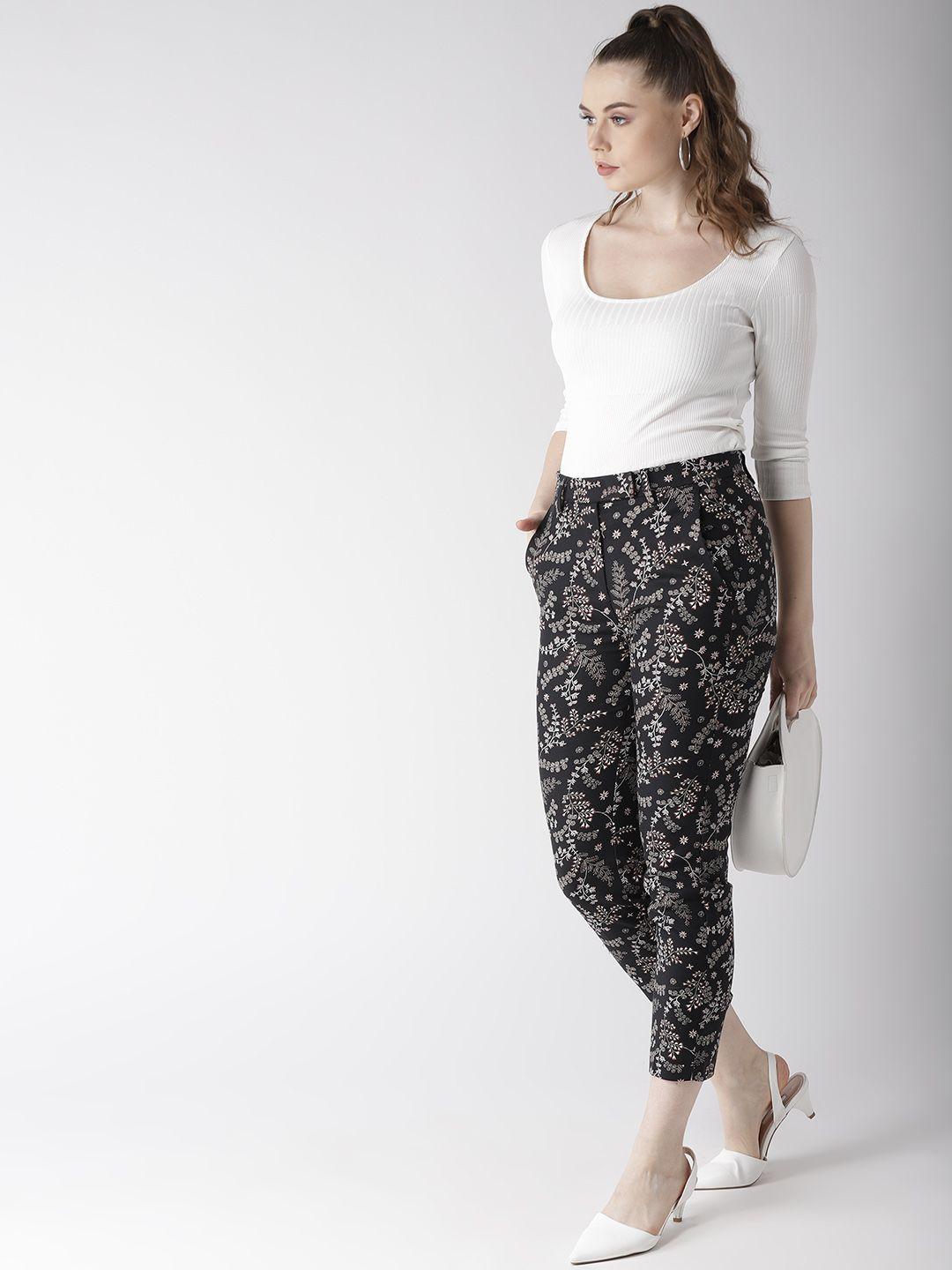 marks & spencer women black & white slim fit printed cropped trousers
