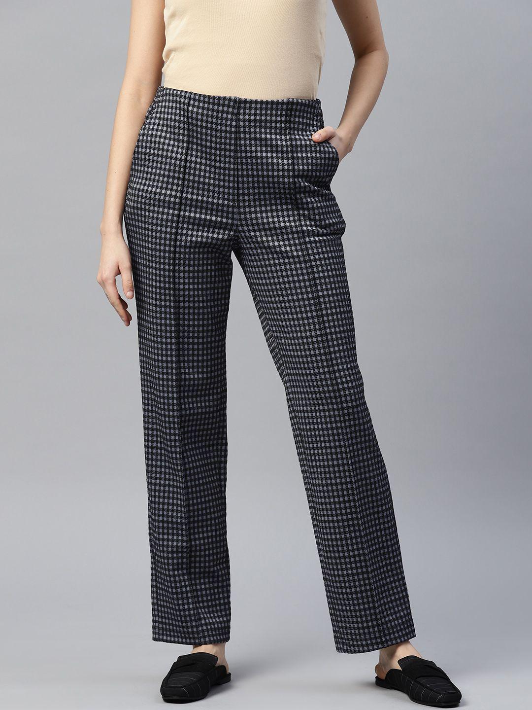 marks & spencer women black checked high-rise trousers