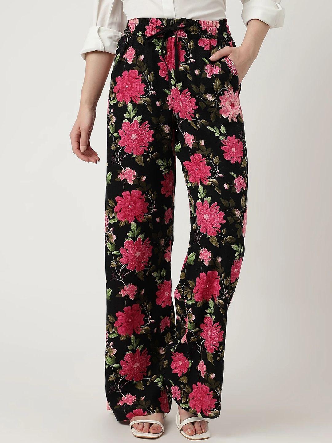 marks & spencer women black floral printed straight fit high-rise trousers