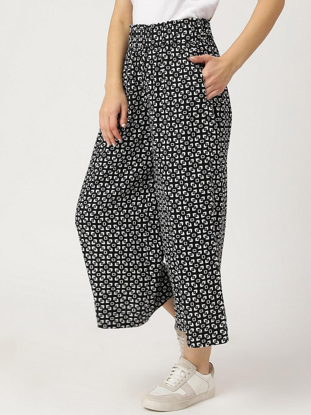 marks & spencer women black printed high-rise pleated trousers