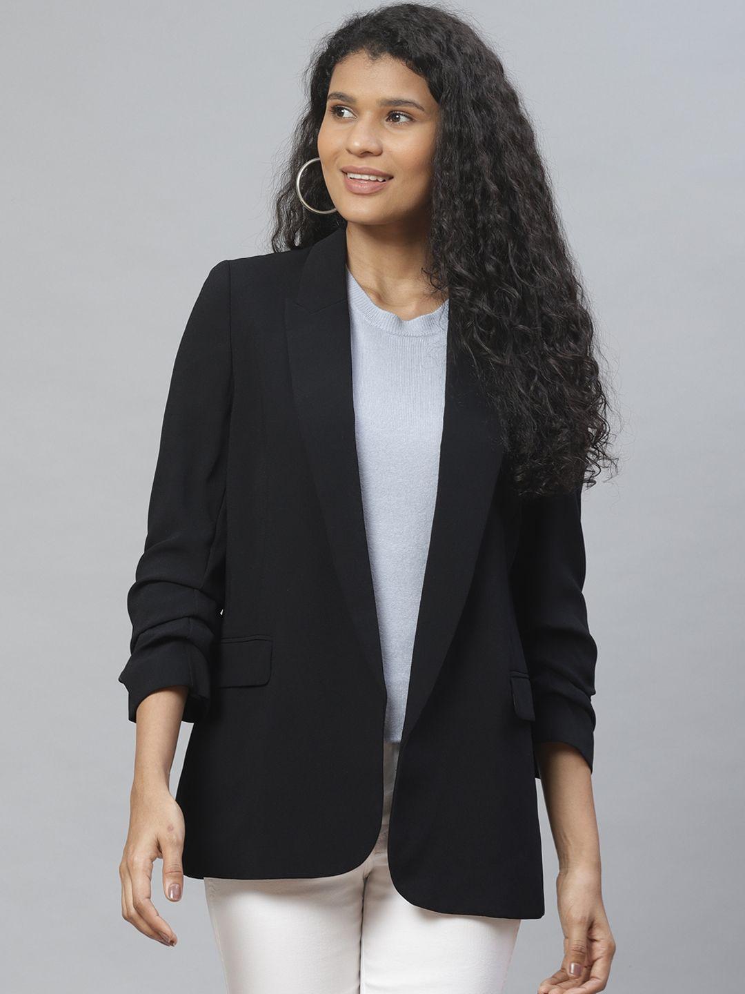 marks & spencer women black relaxed fit solid open-front smart casual blazer