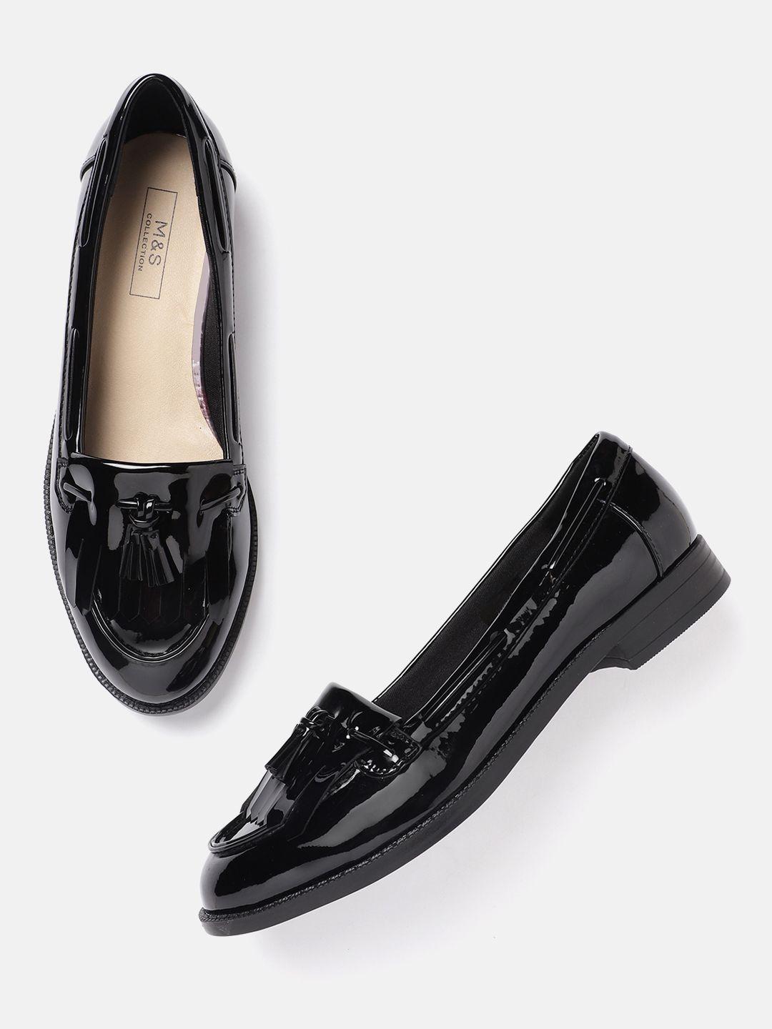 marks & spencer women black solid patent finish tasselled loafers