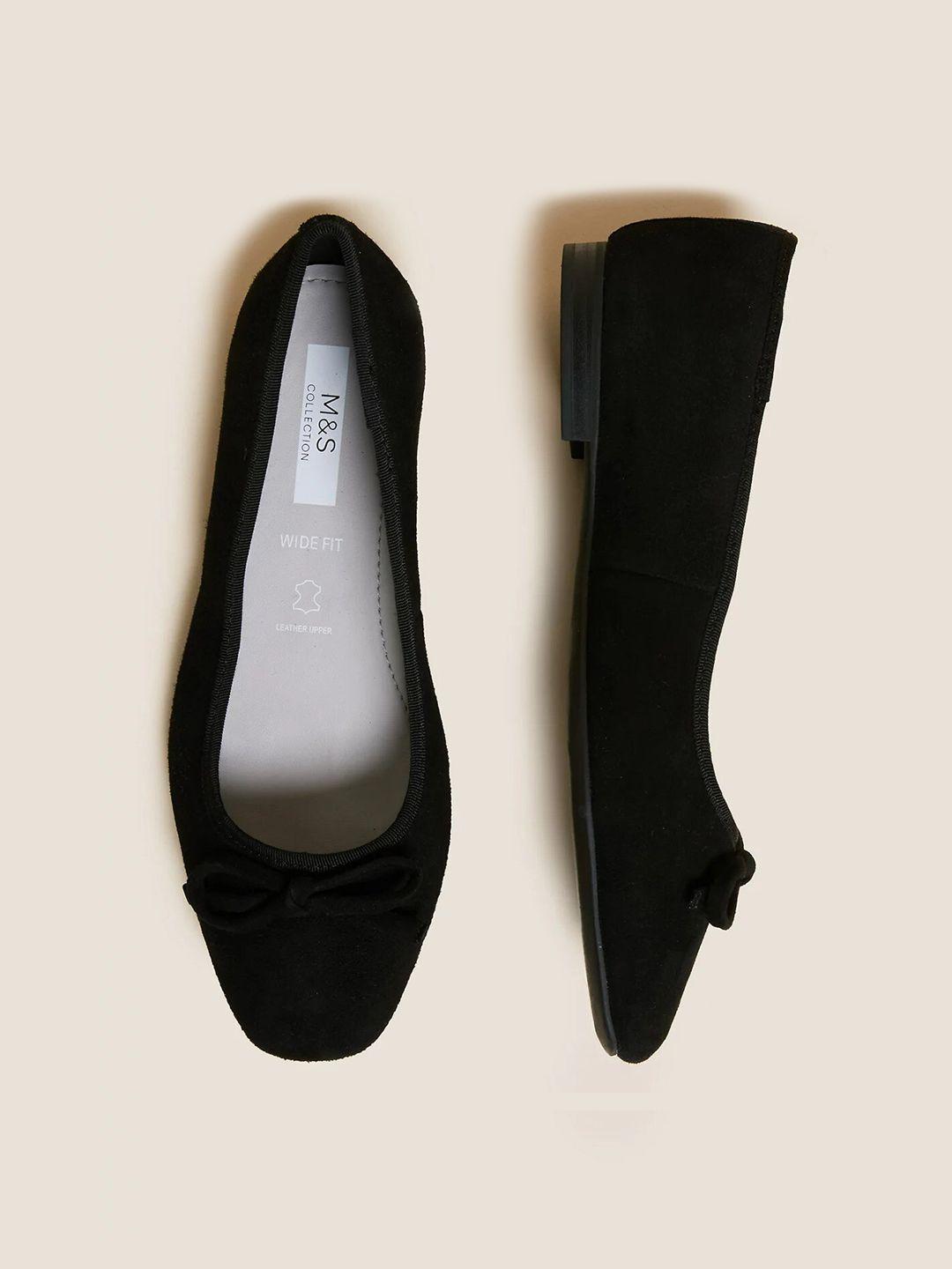 marks & spencer women black textured ballerinas with bows flats