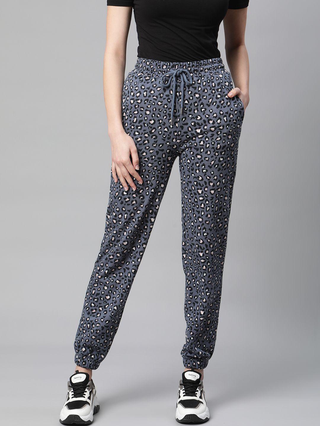 marks & spencer women blue & black pure cotton animal printed track pants