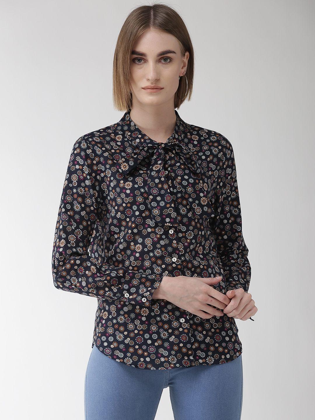 marks & spencer women blue & brown printed pure cotton shirt style pure cotton top