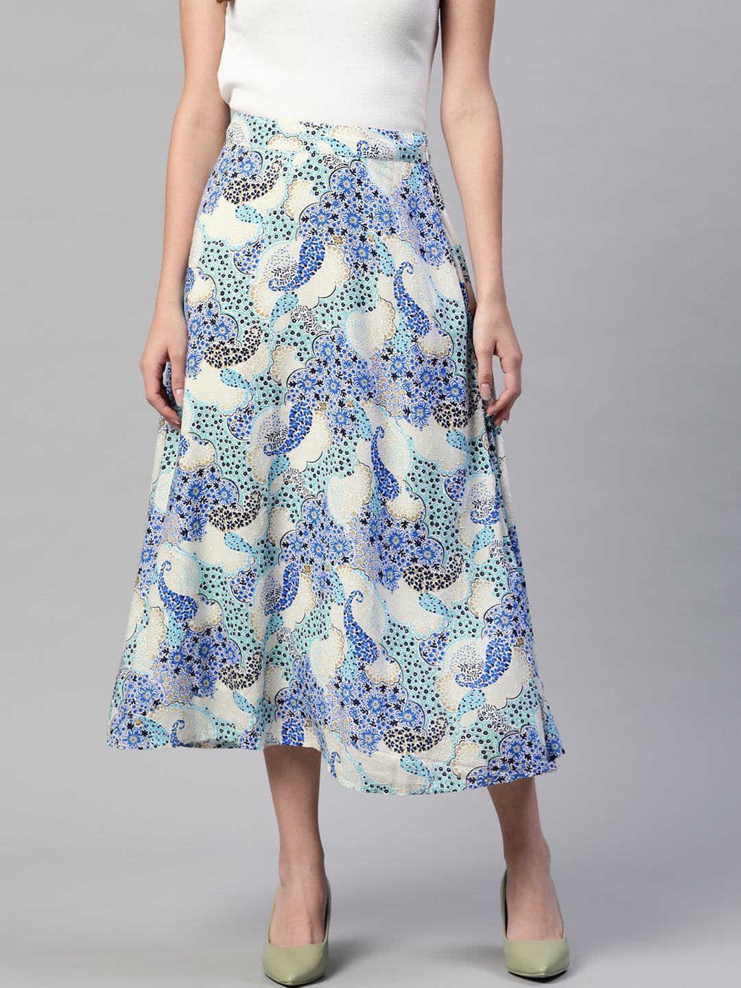 marks & spencer women blue & white ethnic print a-line midi skirt