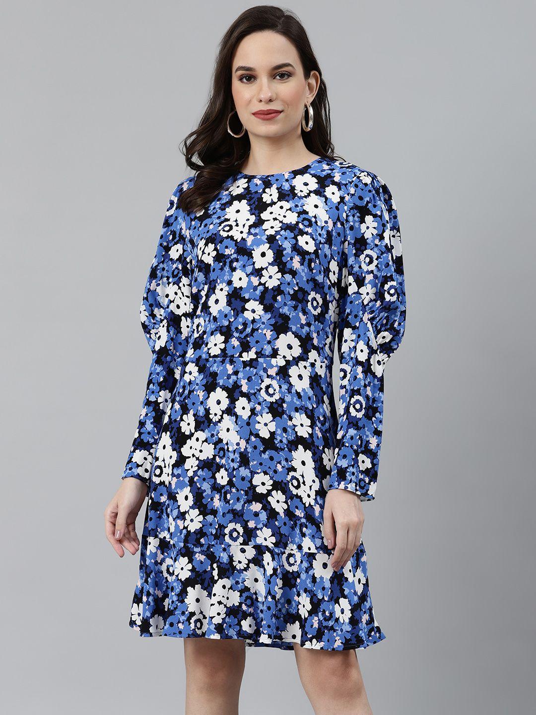 marks & spencer women blue & white floral printed a-line dress