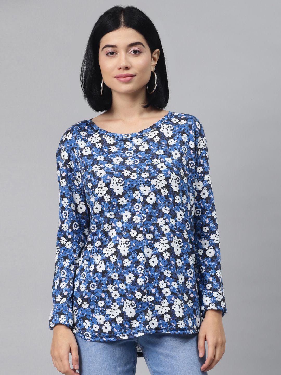 marks & spencer women blue & white floral printed round neck t-shirt