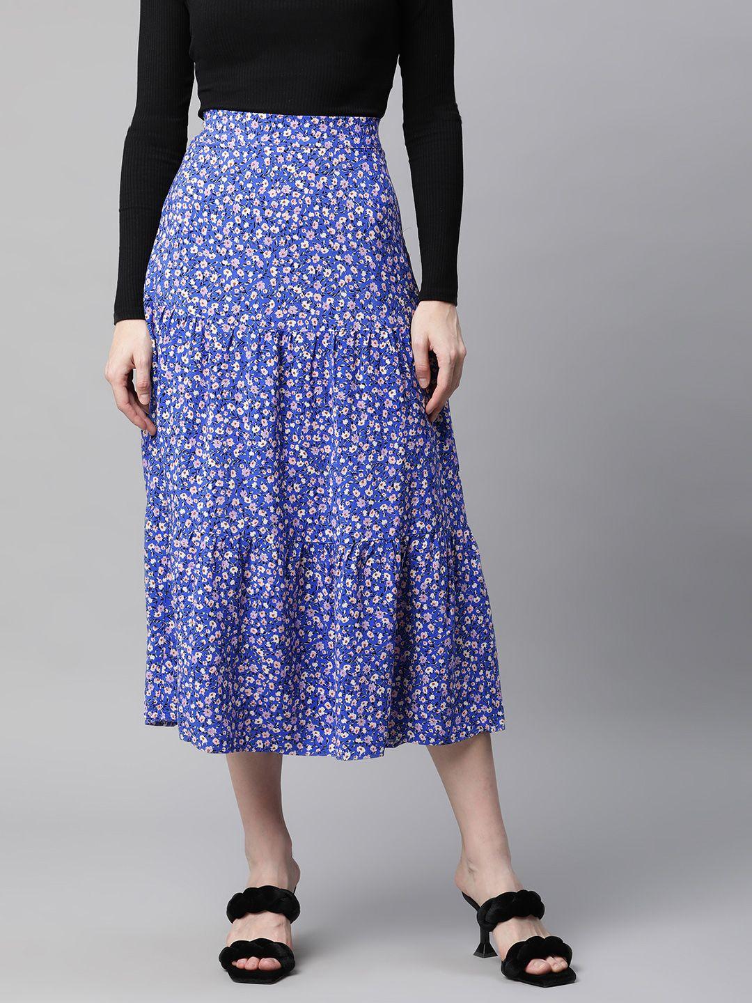 marks & spencer women blue floral printed tiered midi a-line skirt