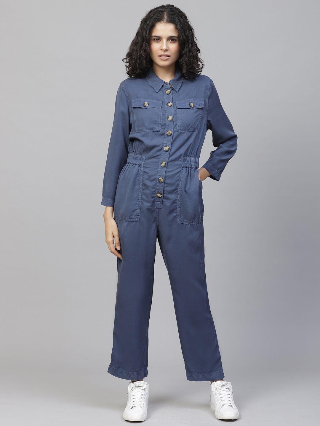 marks & spencer women blue solid basic jumpsuit