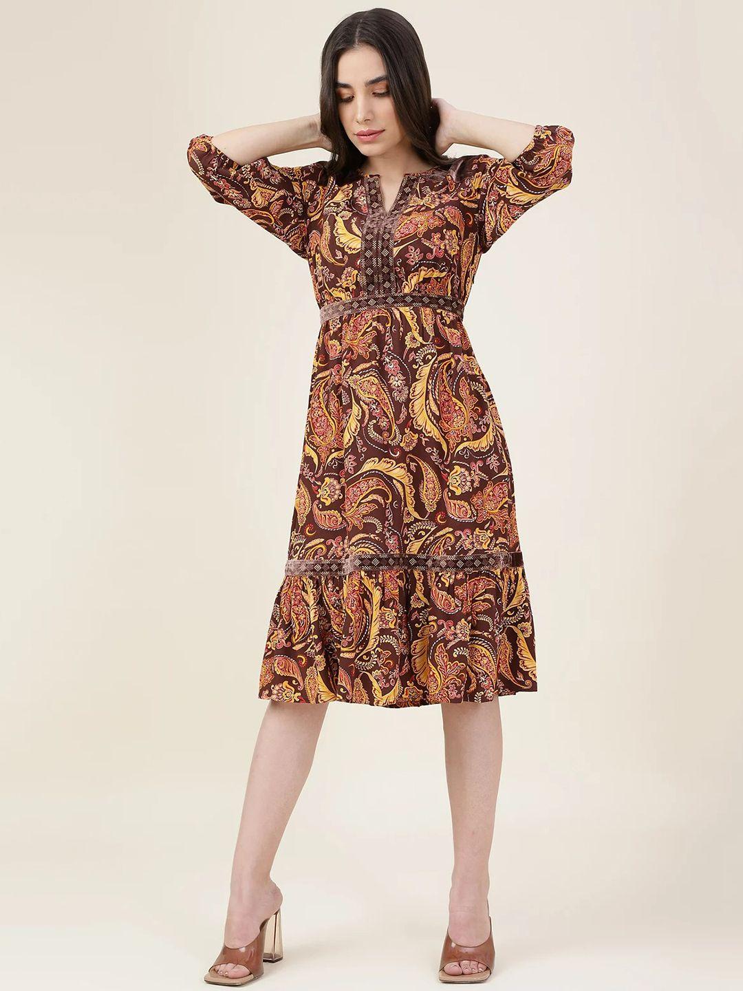 marks & spencer women brown & yellow floral a-line tiered dress