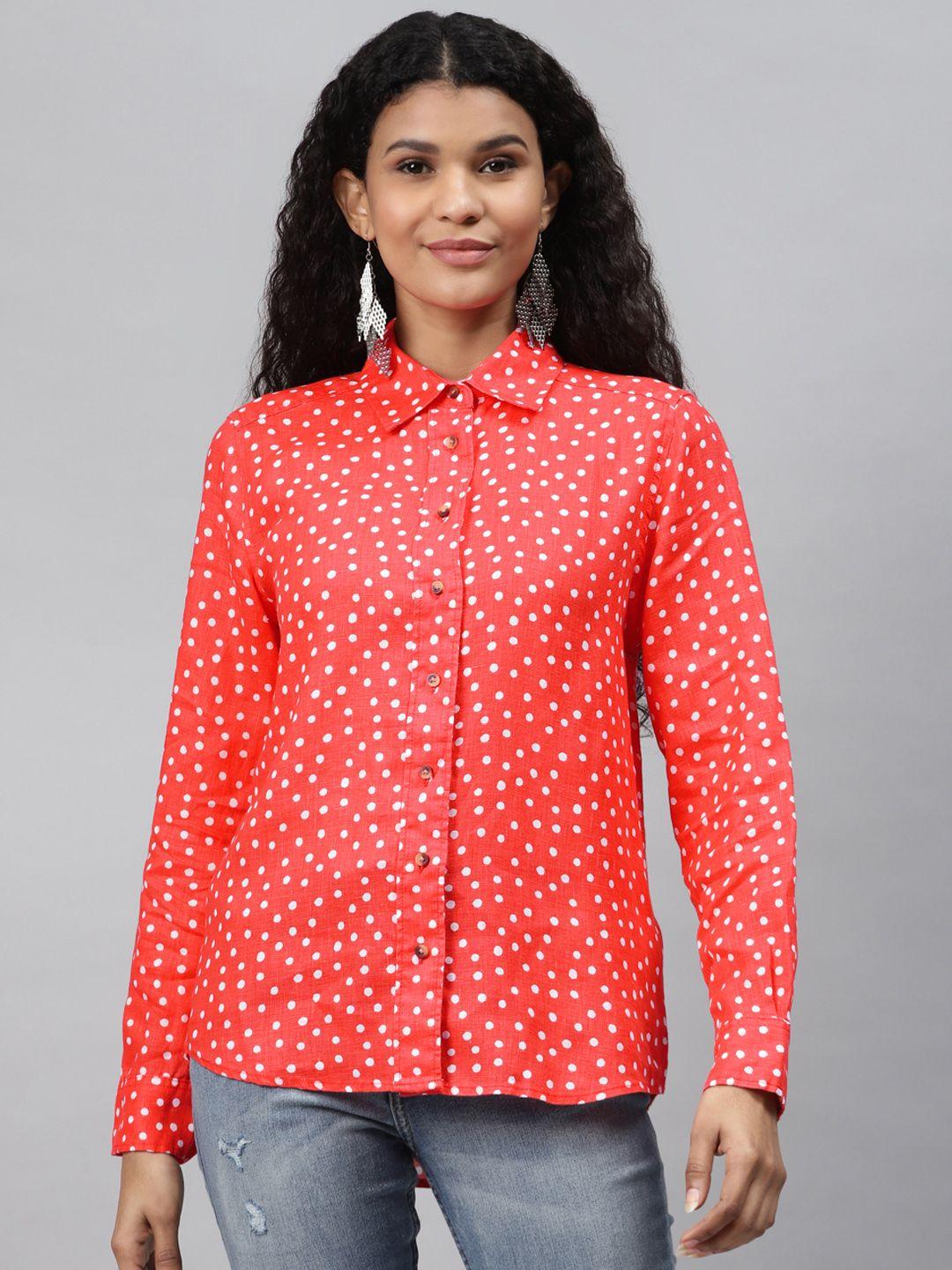 marks & spencer women coral pink & white easy to iron linen polka dot printed casual shirt