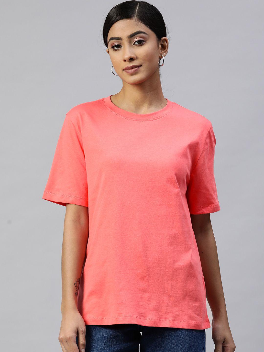 marks & spencer women coral pink pure cotton solid straight fit t-shirt