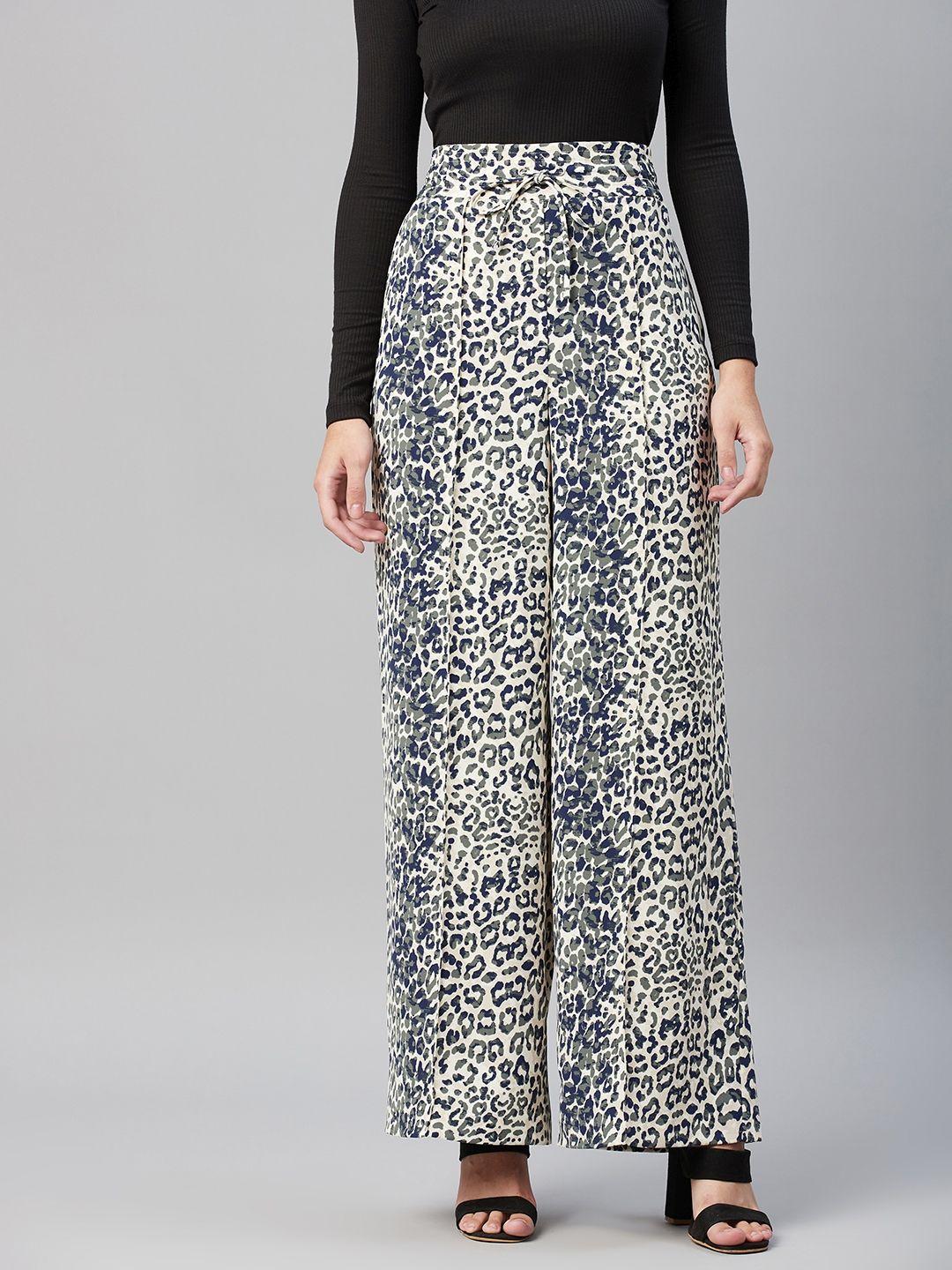 marks & spencer women cream-coloured & blue animal printed wide leg high-rise trousers