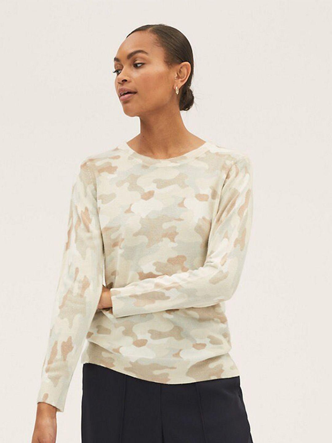 marks & spencer women cream-coloured & brown printed pullover