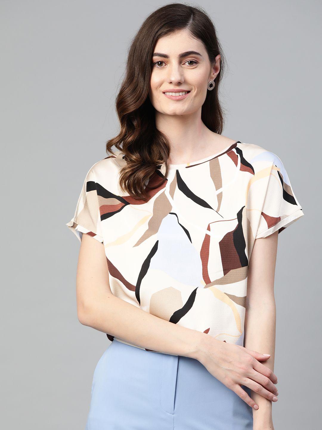 marks & spencer women cream-coloured & brown printed round neck top