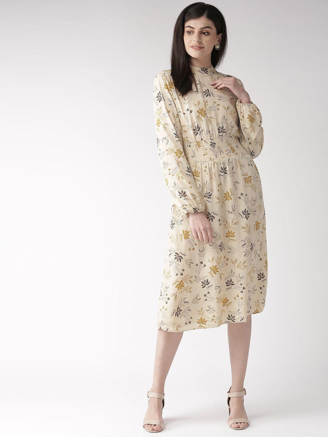 marks & spencer women cream coloured & mustard yellow floral printed a-line dress