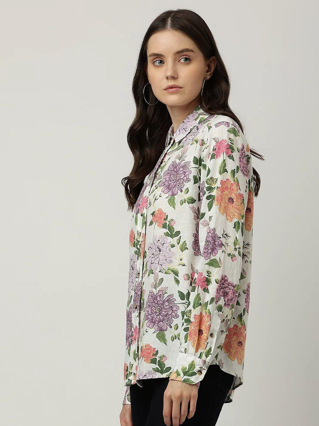 marks & spencer women cream-coloured floral printed casual shirt