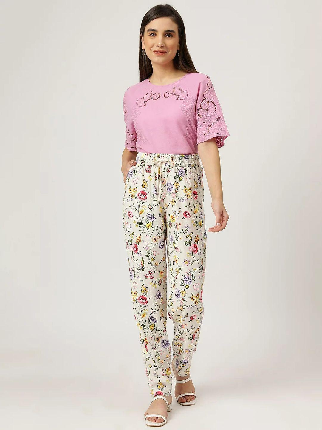 marks & spencer women cream-coloured floral printed high-rise trouser