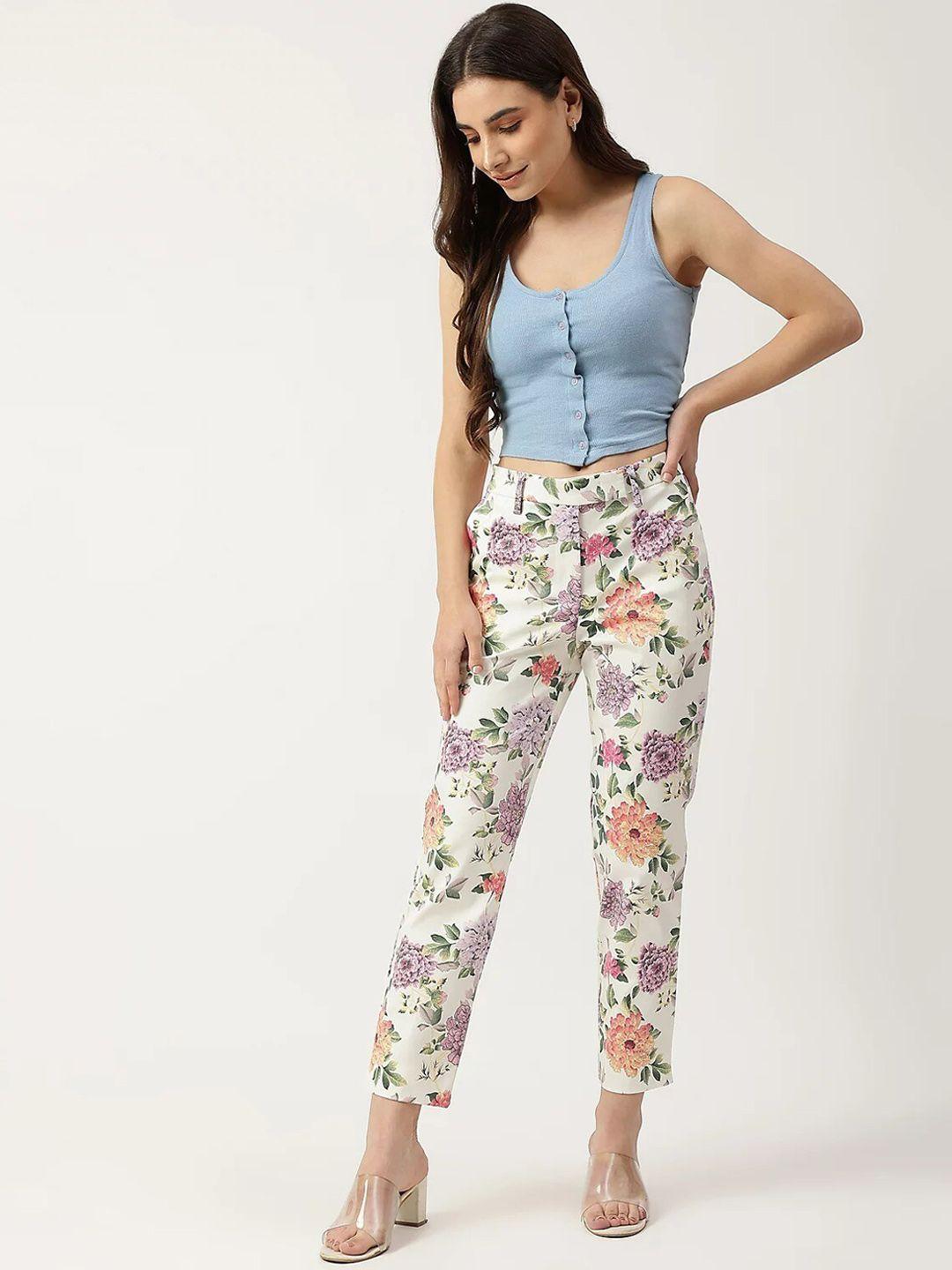 marks & spencer women cream-coloured floral printed trousers