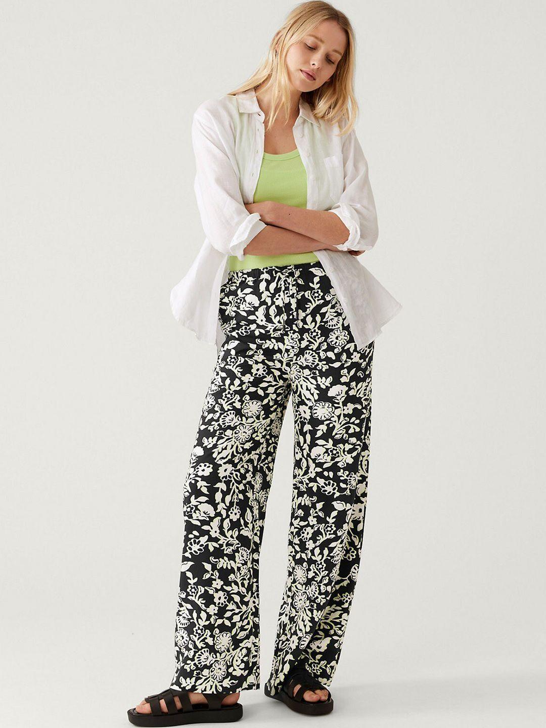 marks & spencer women floral printed flared high-rise trousers