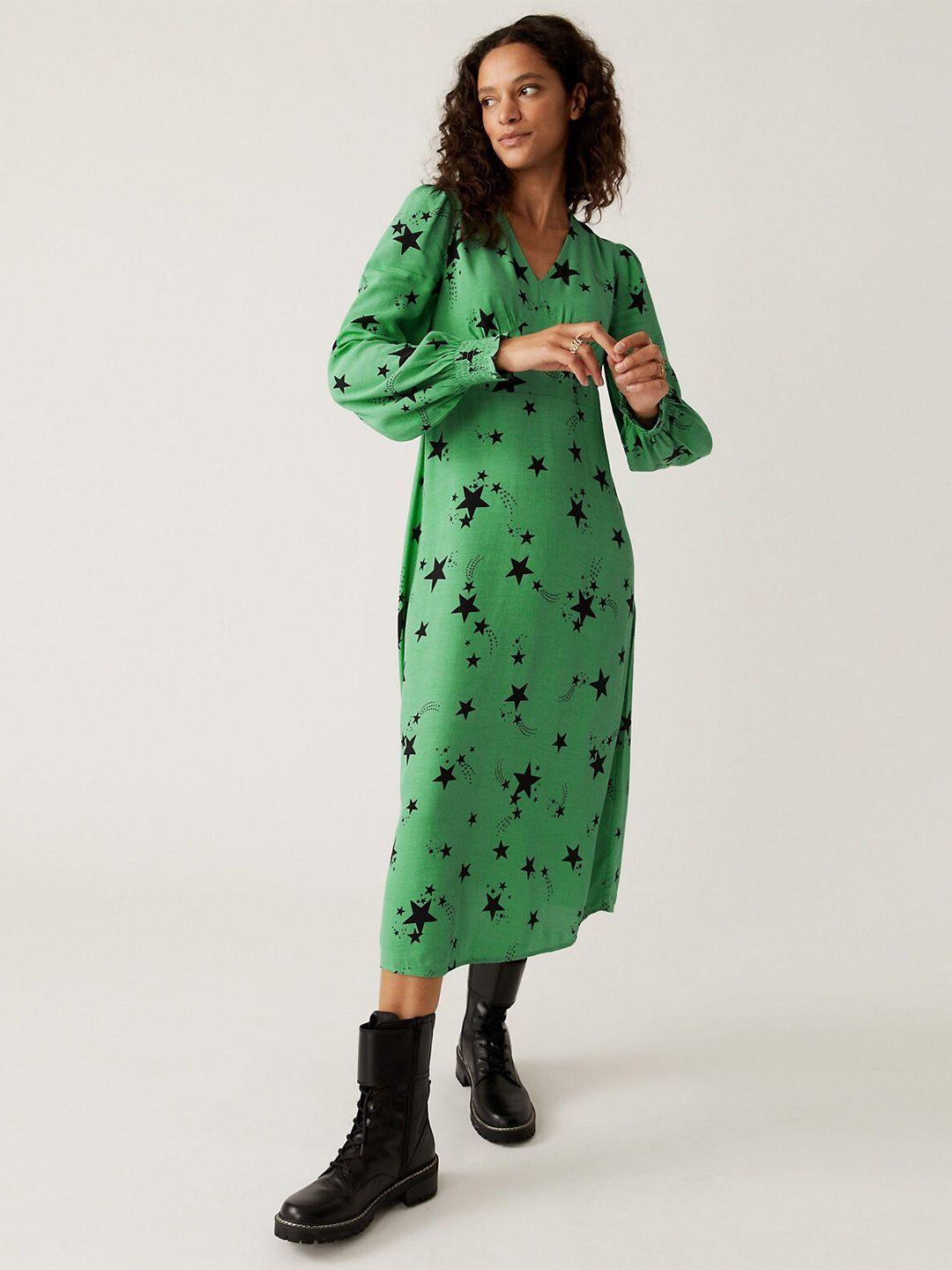 marks & spencer women green & black printed v-neck a-line dress