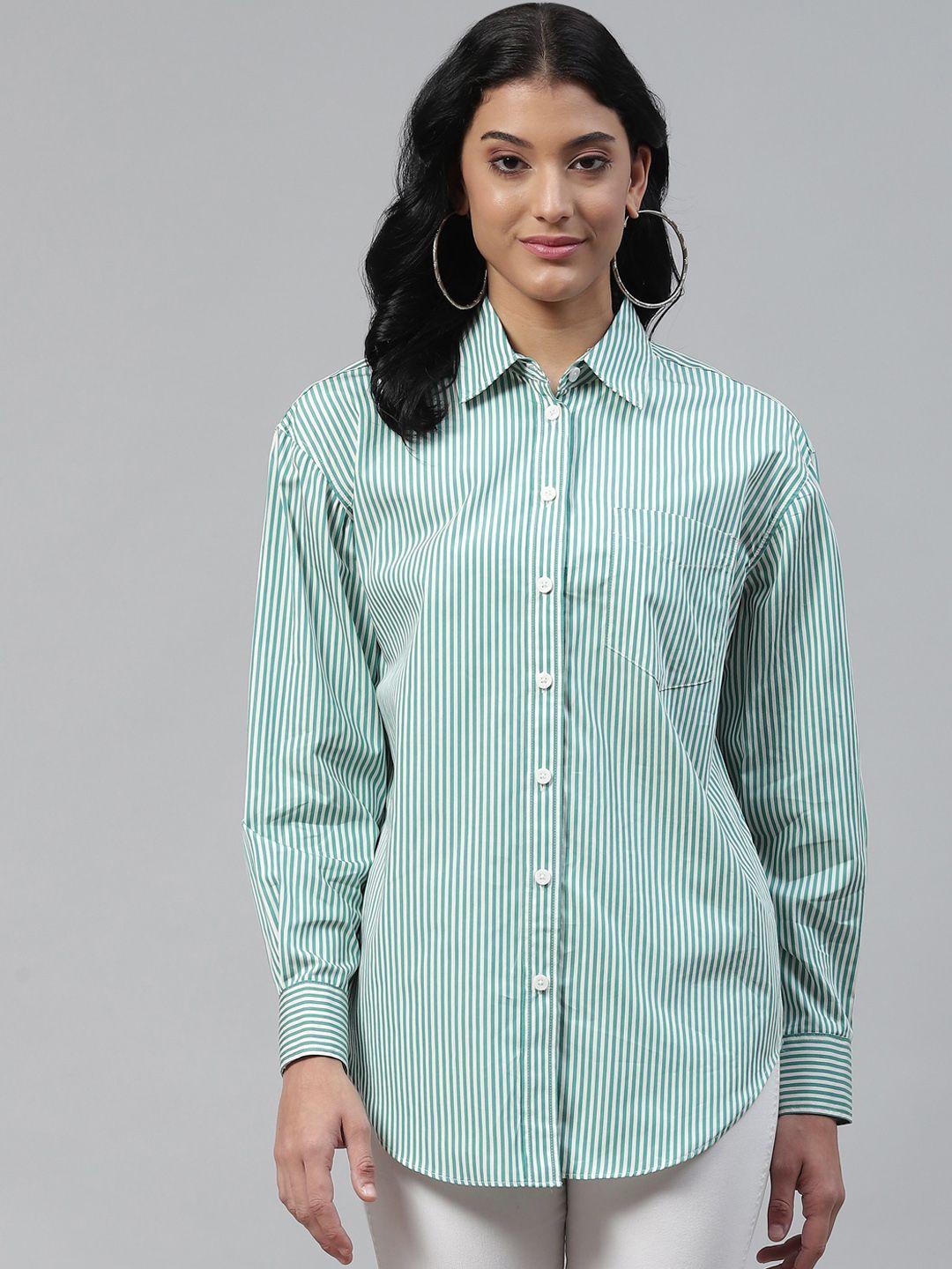 marks & spencer women green & white striped casual shirt